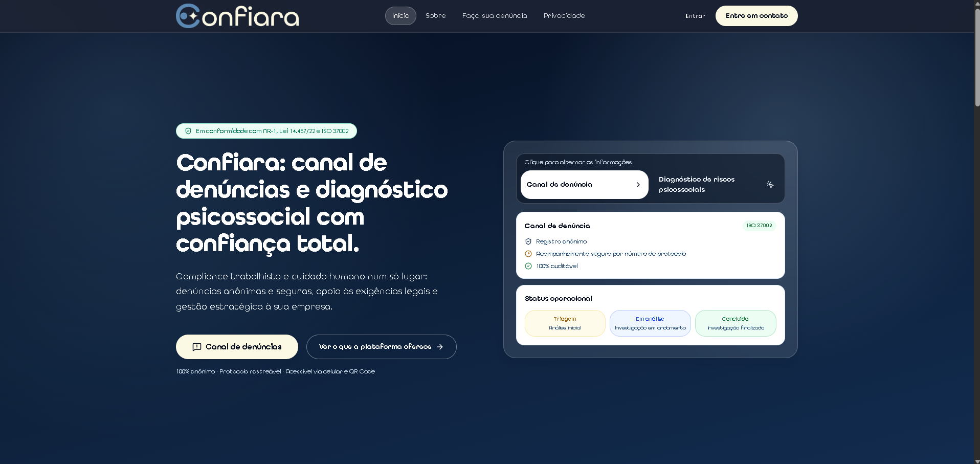 Hero da plataforma Confiara, apresentando a gestão de conformidade psicossocial e o canal de denúncias